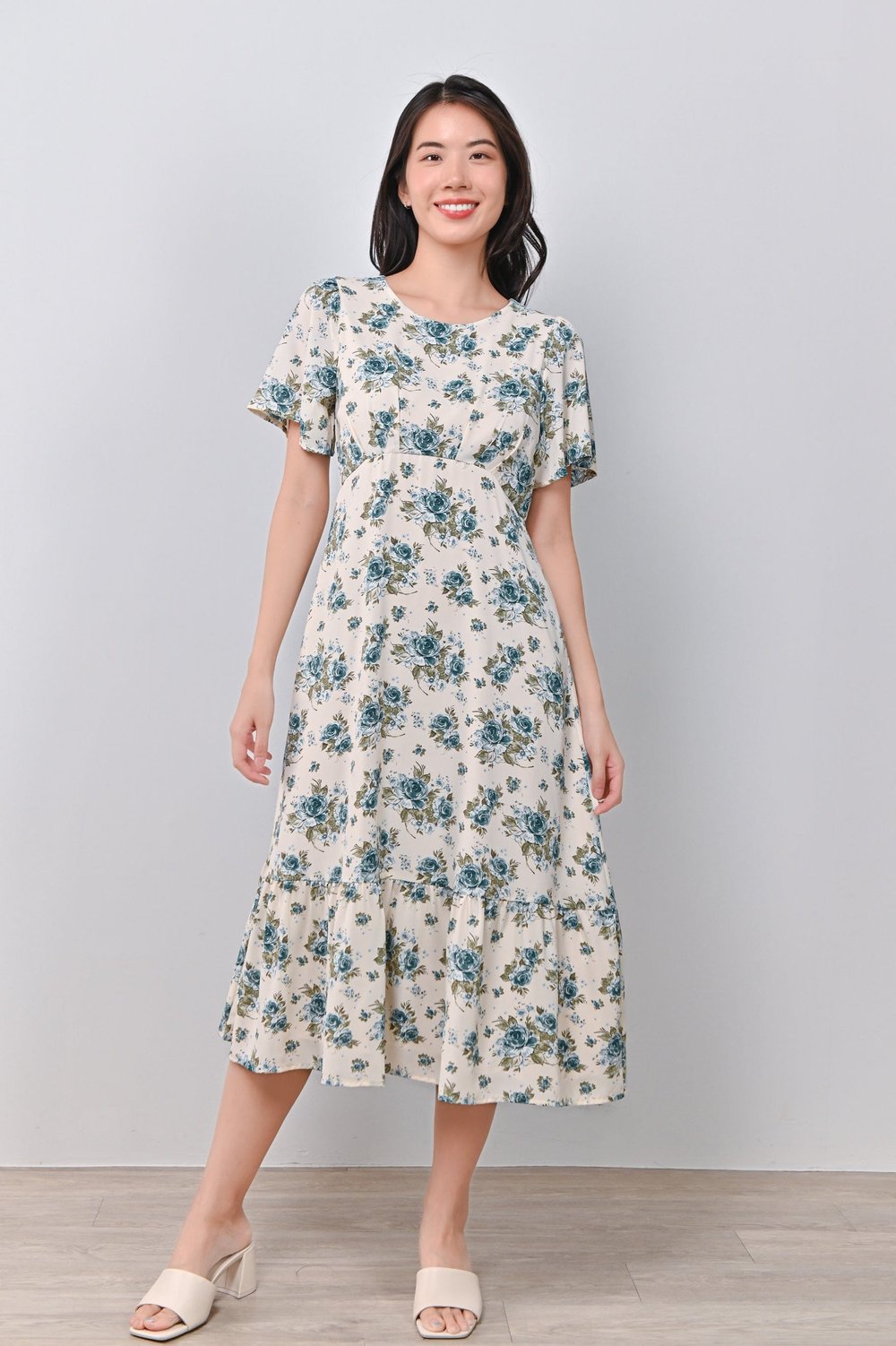 SUBIN FLORAL ROUND-NECK DRESS IN BLUE
