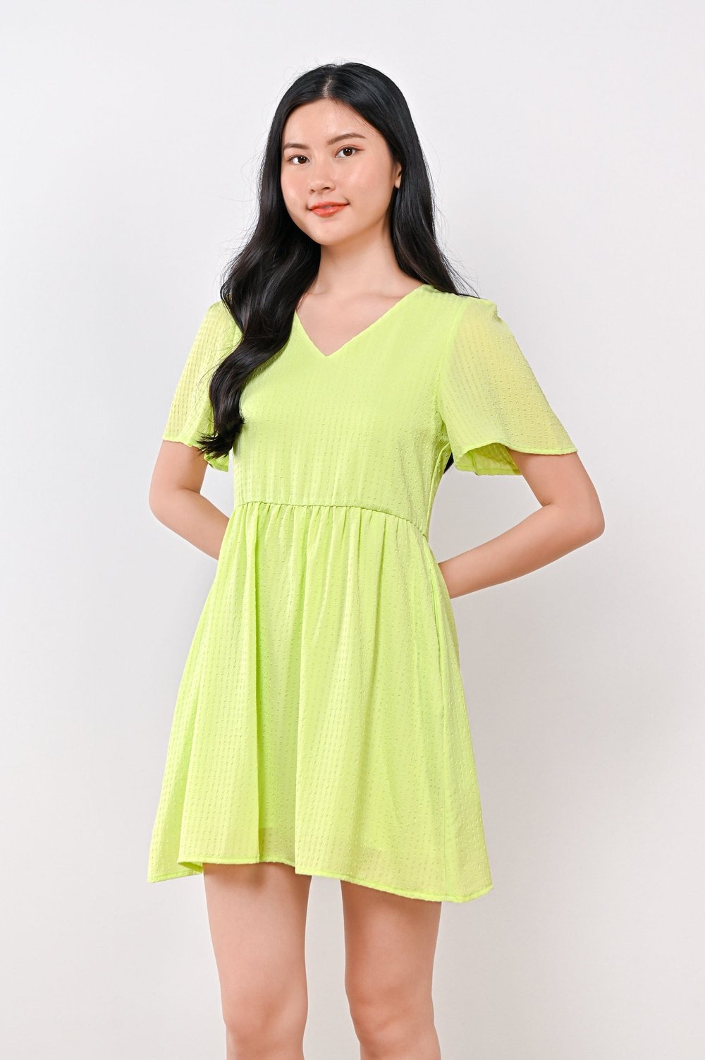 AMBER TEXTURED DRESS-ROMPER IN LIME GREEN