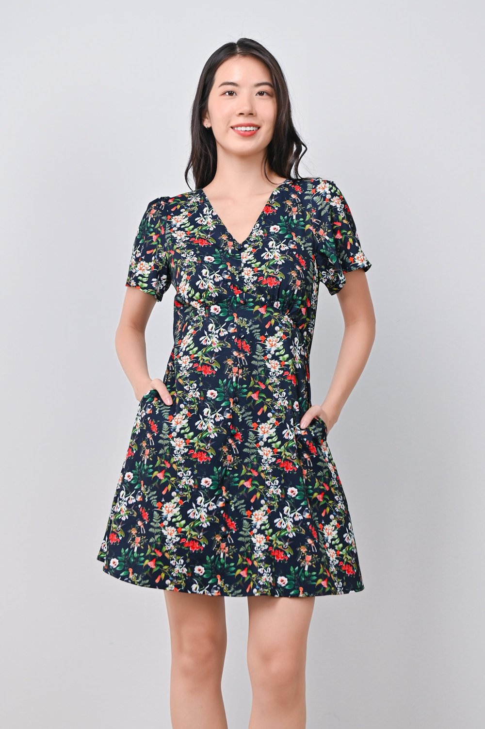 BIRDS OF PARADISE NAVY V-NECK DRESS-ROMPER