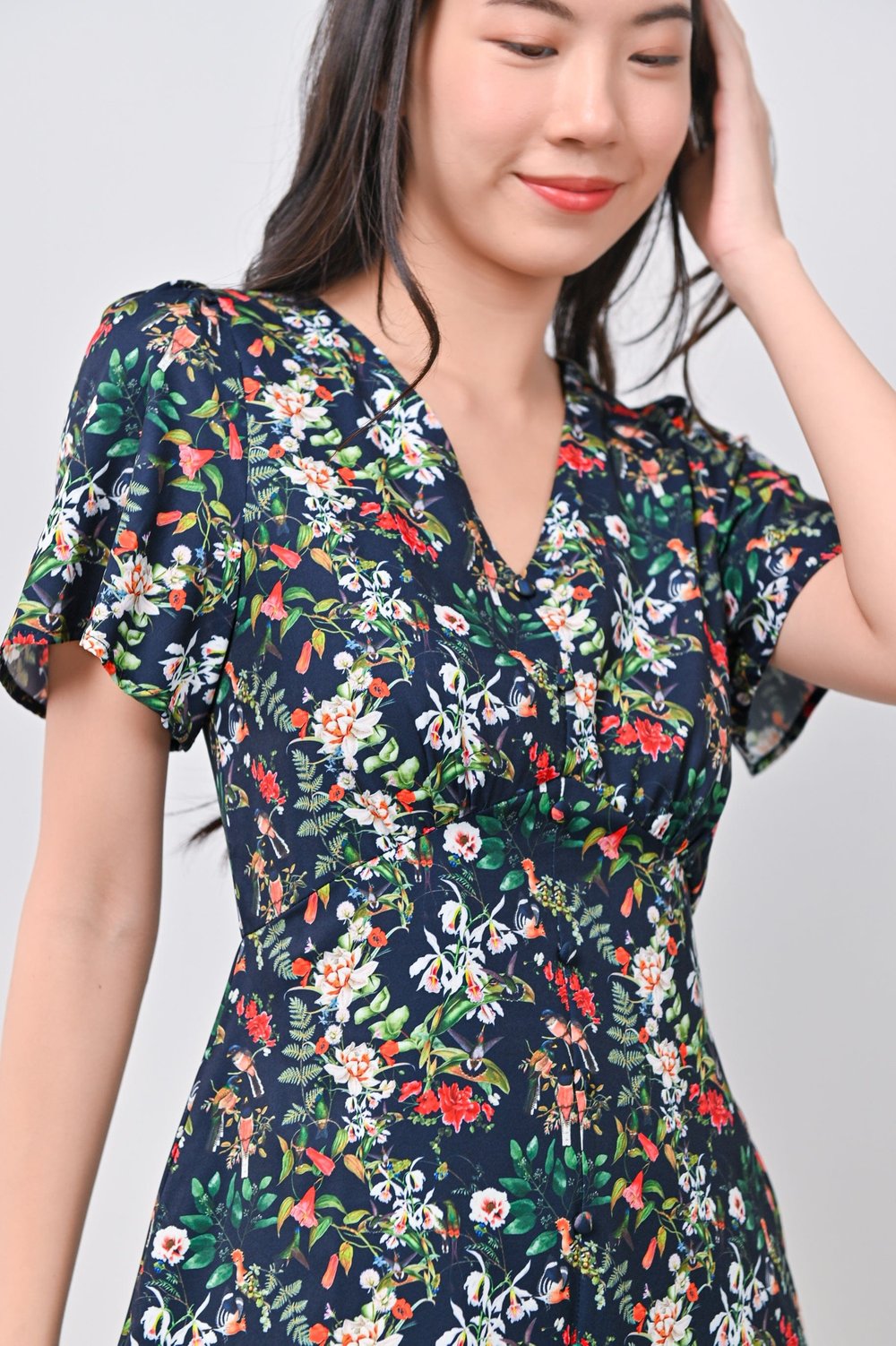 BIRDS OF PARADISE NAVY V-NECK DRESS-ROMPER