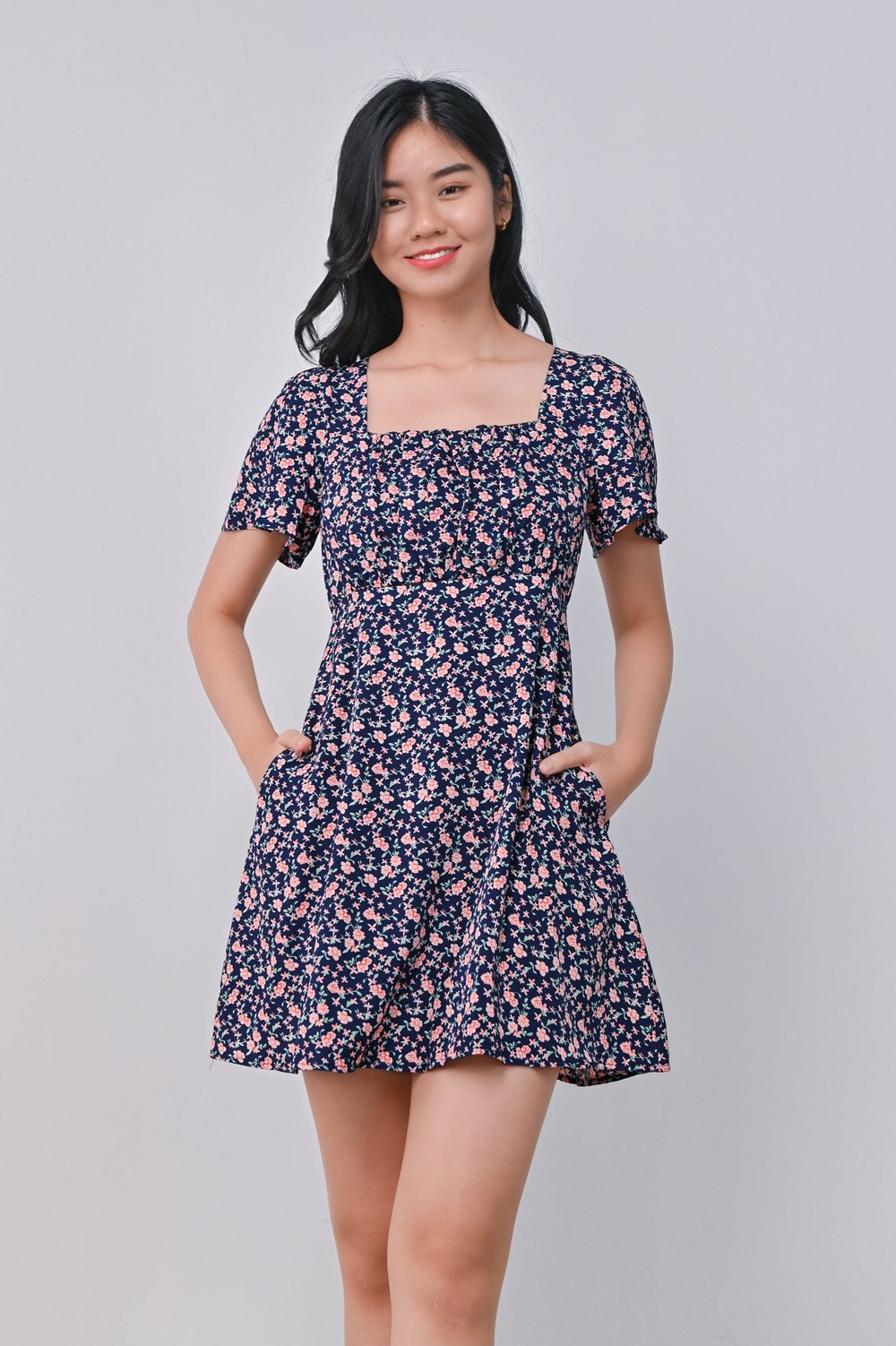 CARENE RUCHED DRESS-ROMPER IN BLUE