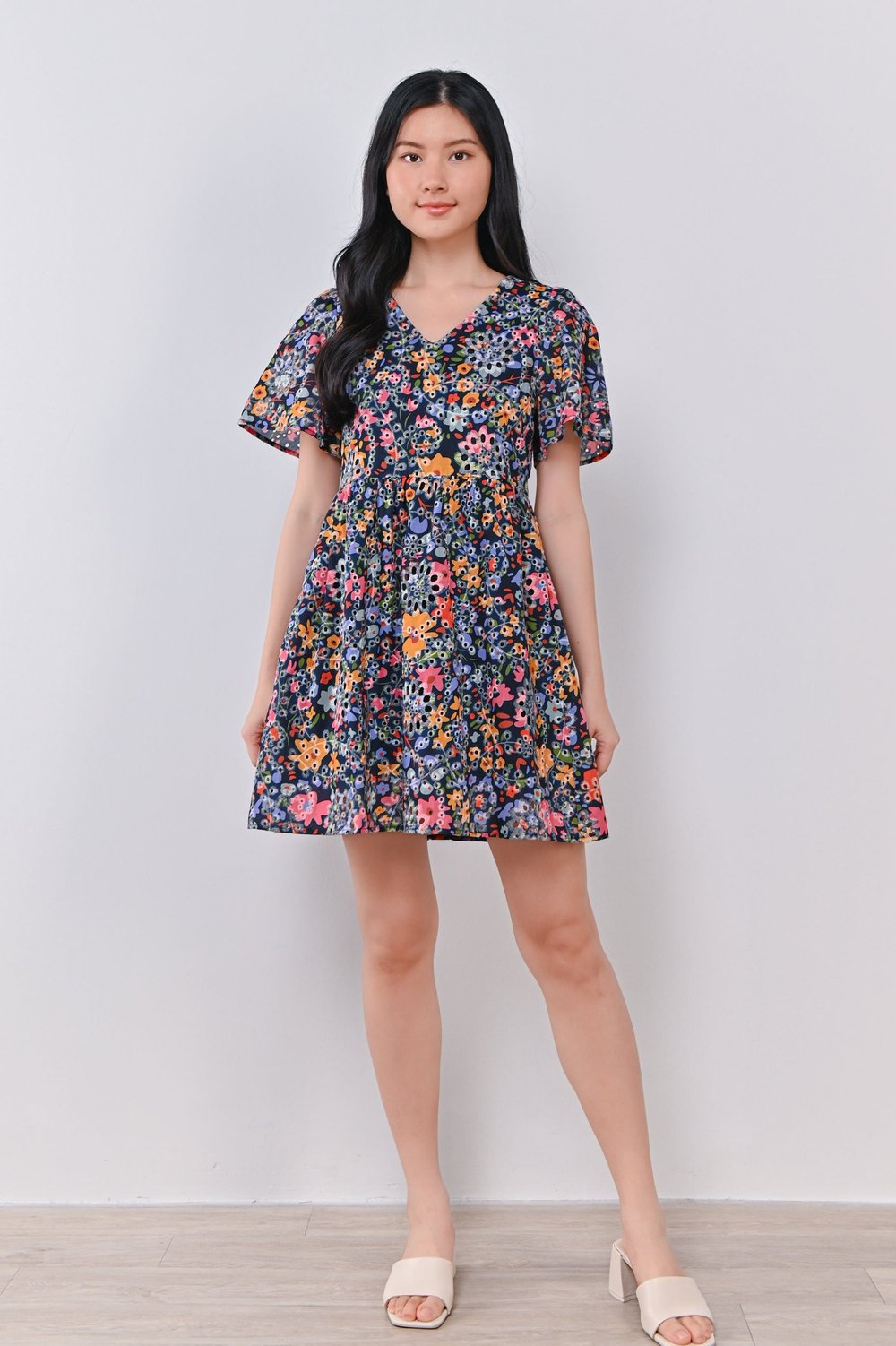 CORDE FLORAL EYELET DRESS-ROMPER IN NAVY