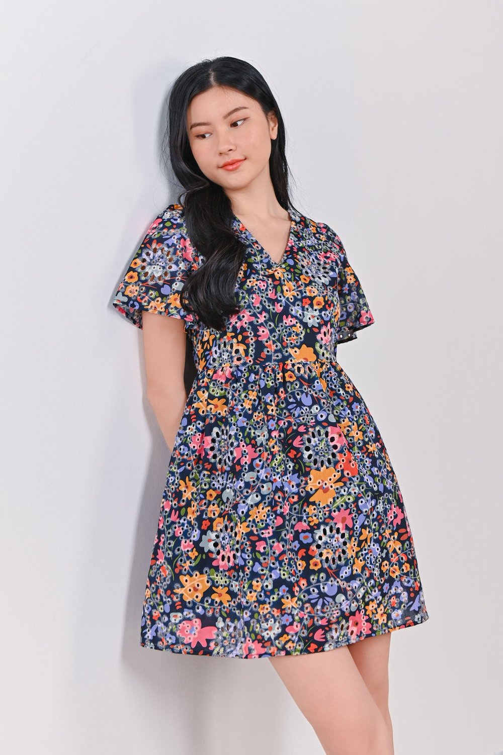 CORDE FLORAL EYELET DRESS-ROMPER IN NAVY