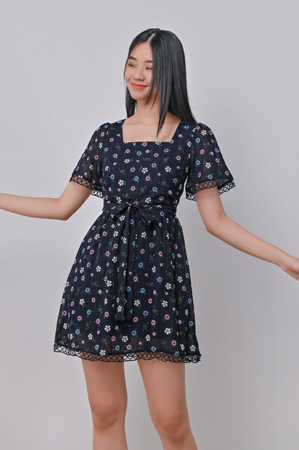 DANNA LATTICE DRESS-ROMPER IN NAVY