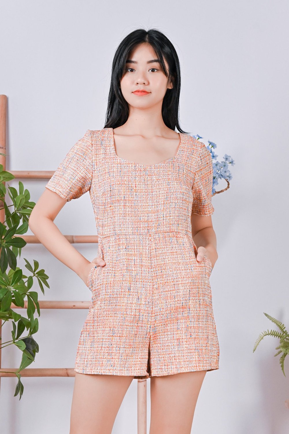 ESME TWEED ROMPER IN ORANGE