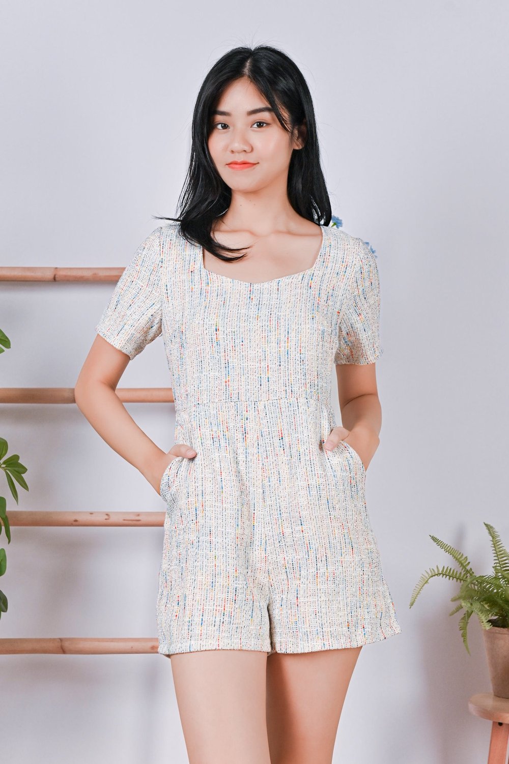 ESME TWEED ROMPER IN WHITE