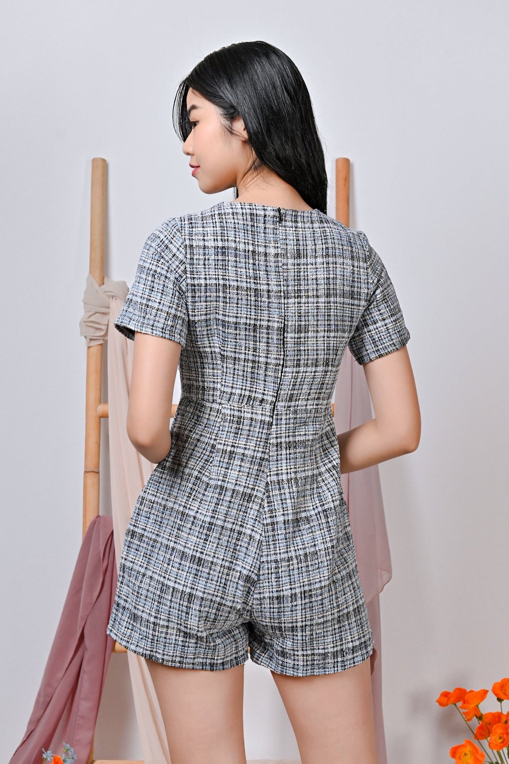 GRETTINA TWEED ROMPER IN BLACK