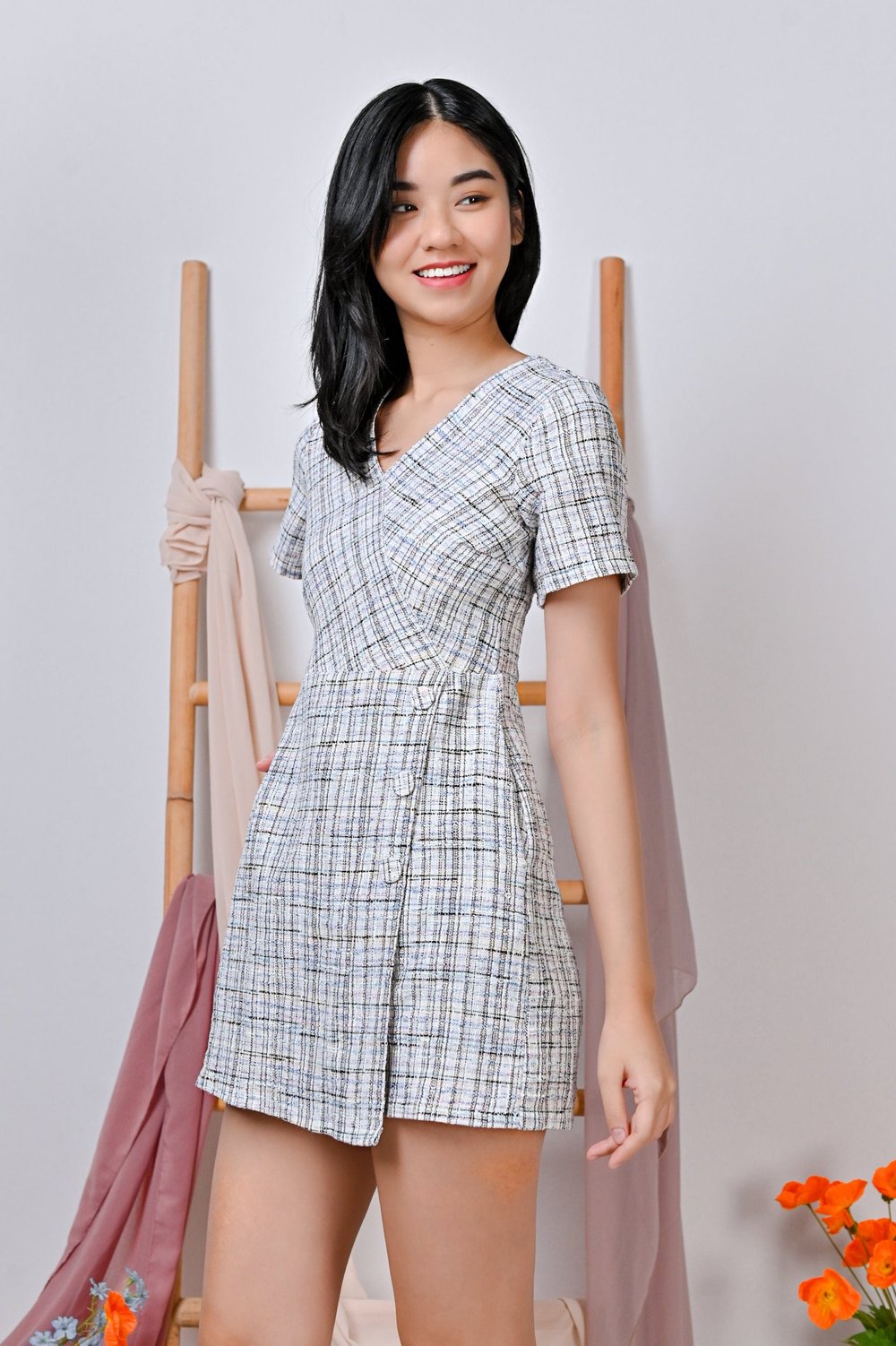 GRETTINA TWEED ROMPER IN OFF-WHITE