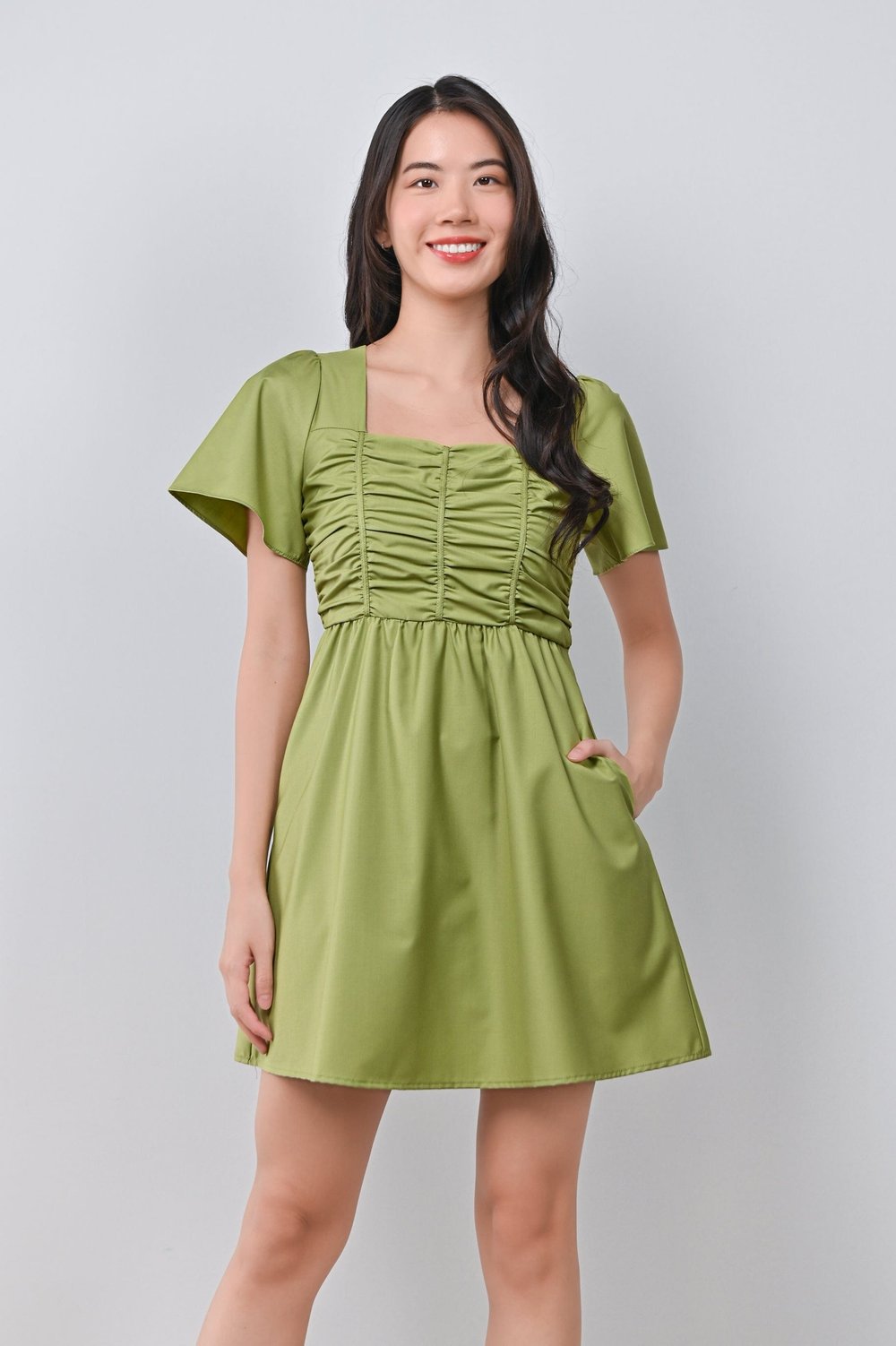 JISOO RUCHED DRESS-ROMPER IN GREEN