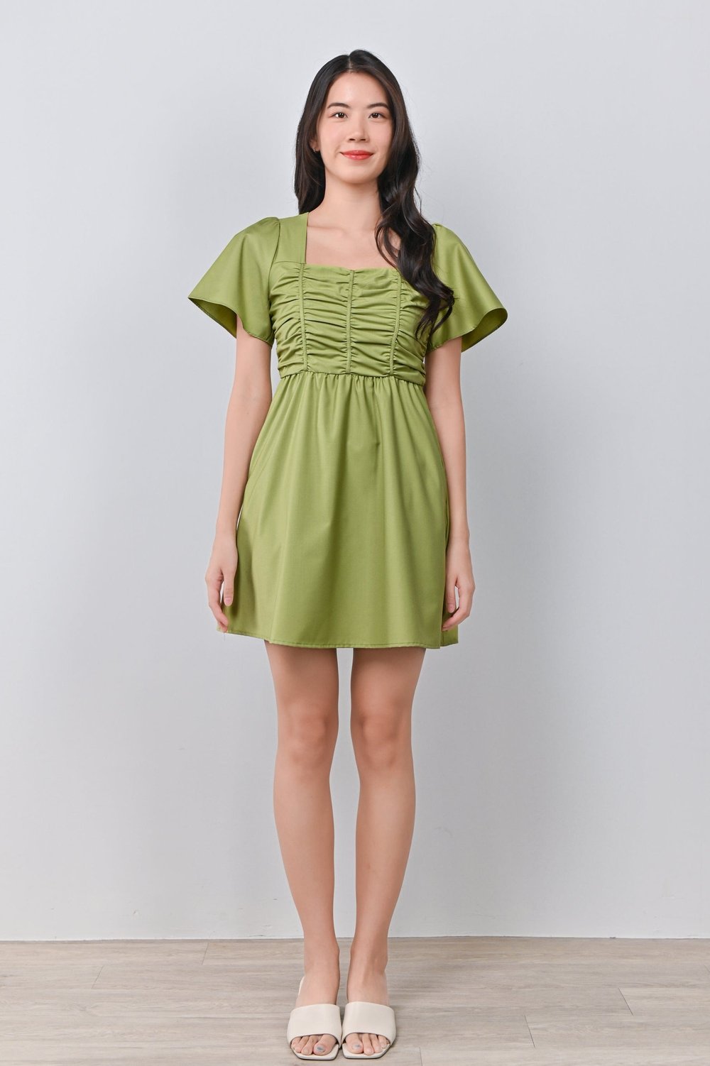 JISOO RUCHED DRESS-ROMPER IN GREEN