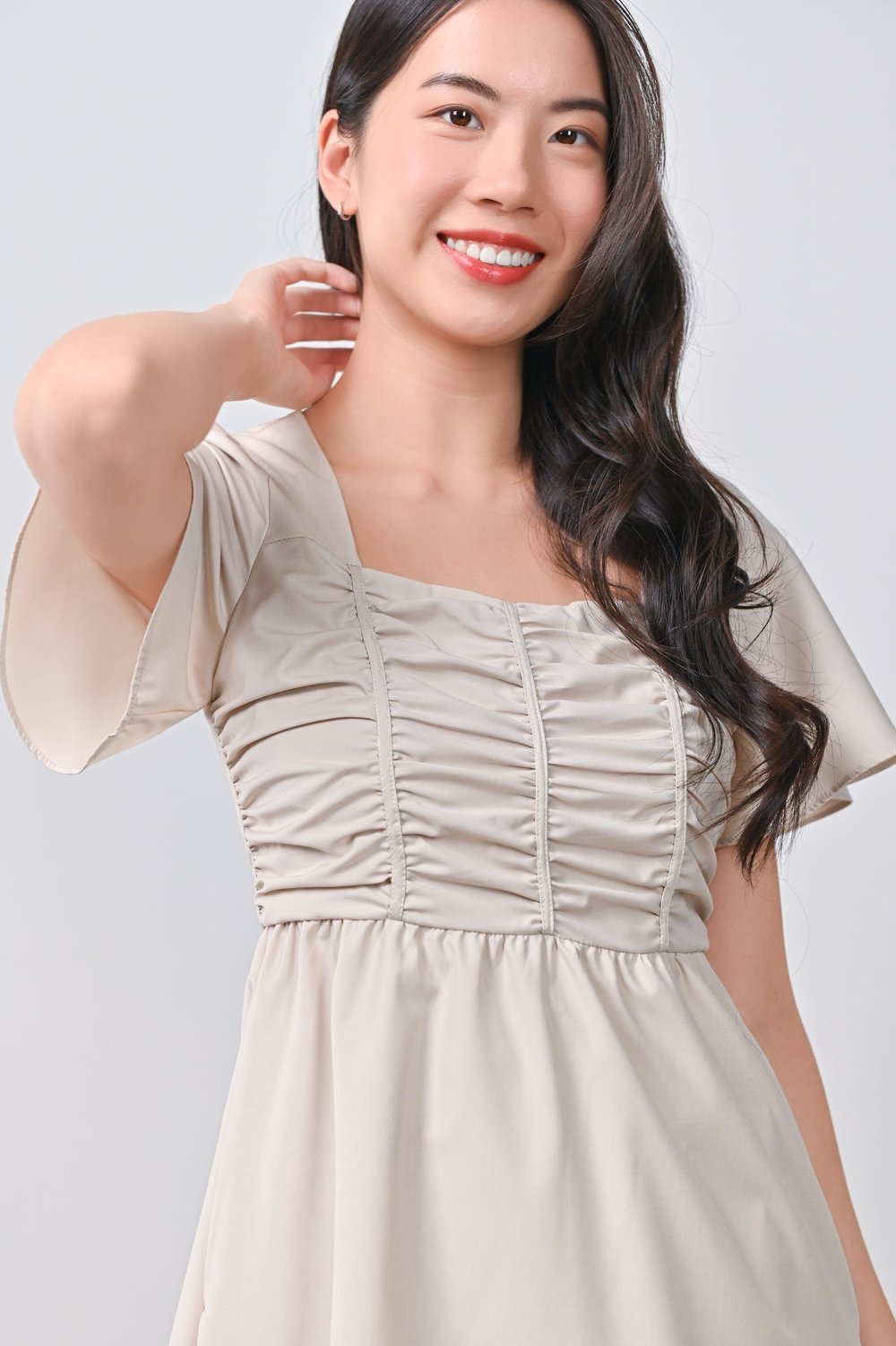 JISOO RUCHED DRESS-ROMPER IN SAND