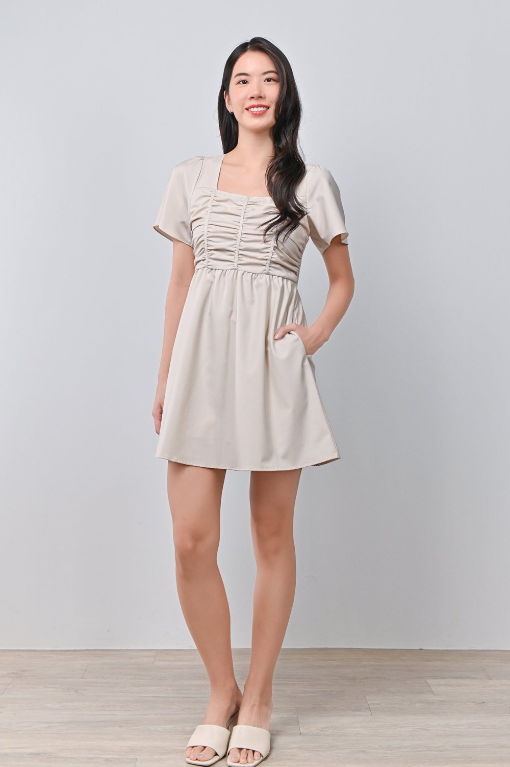 JISOO RUCHED DRESS-ROMPER IN SAND