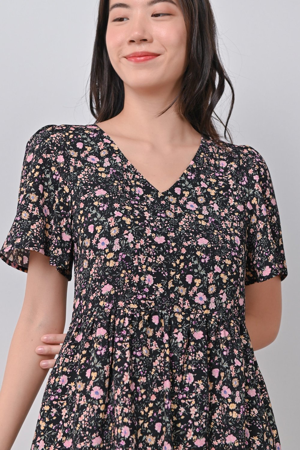 LORINDA FLORAL DRESS-ROMPER IN BLACK