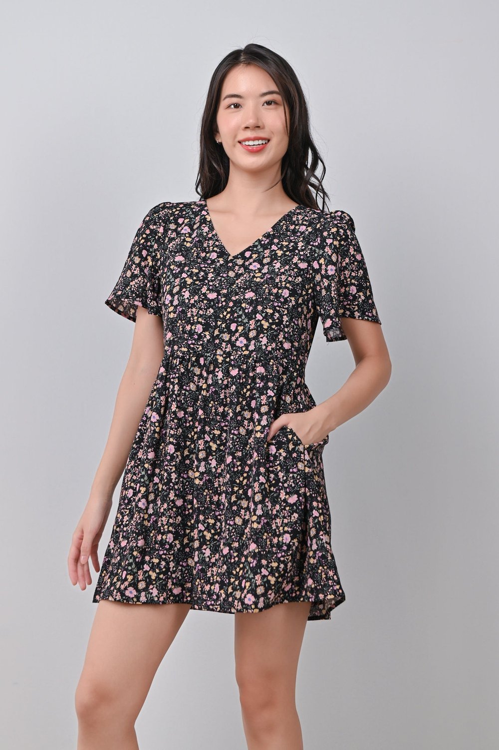 LORINDA FLORAL DRESS-ROMPER IN BLACK