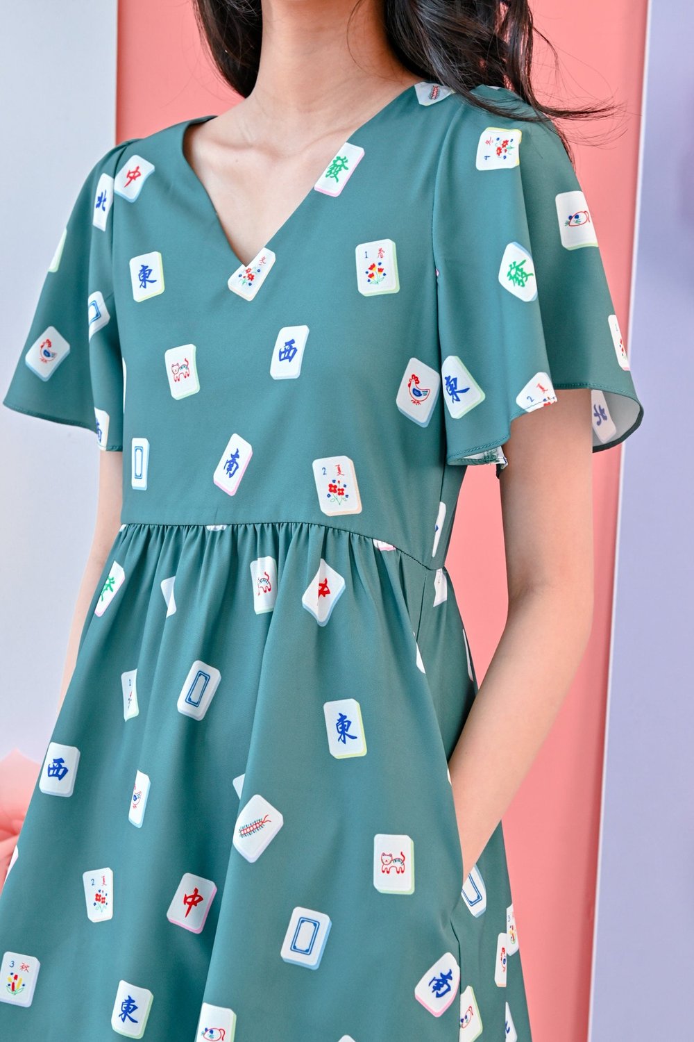 MAHJONG PRINTED GREEN DRESS-ROMPER