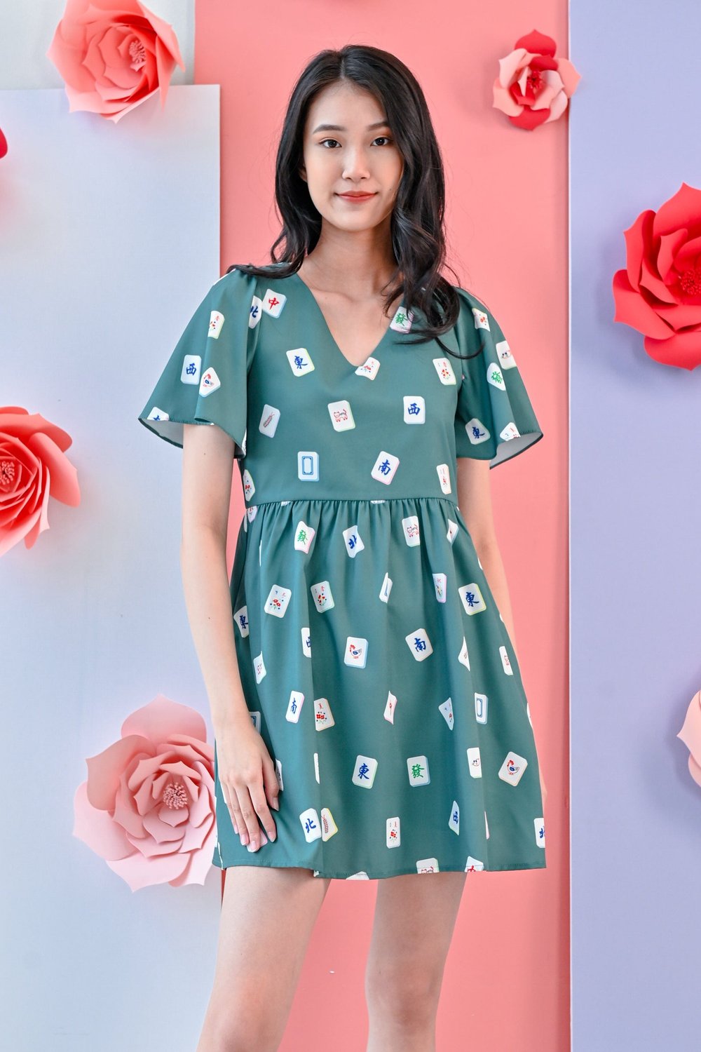 MAHJONG PRINTED GREEN DRESS-ROMPER