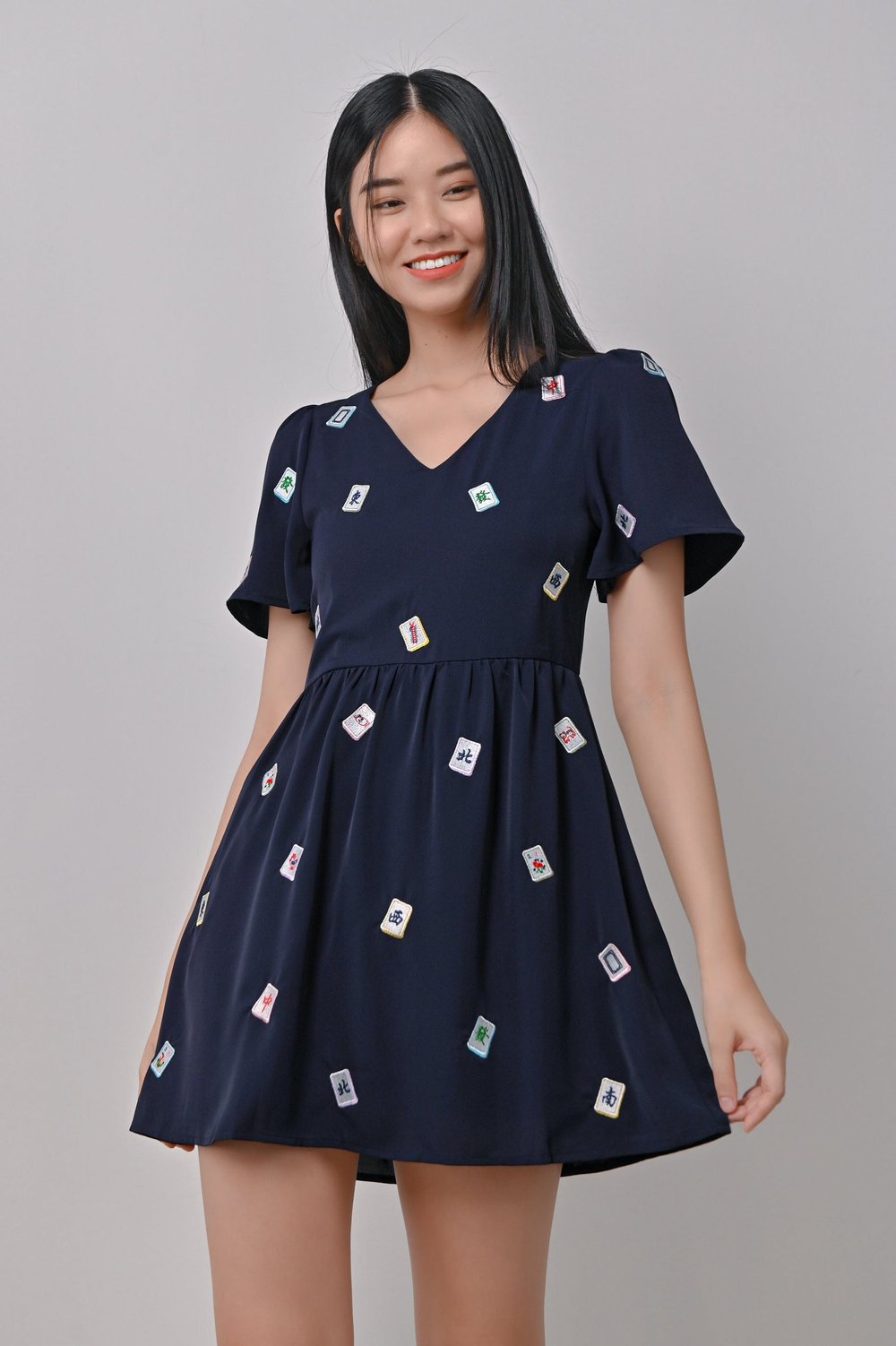 MAHJONG EMB. V-NECK DRESS-ROMPER IN NAVY