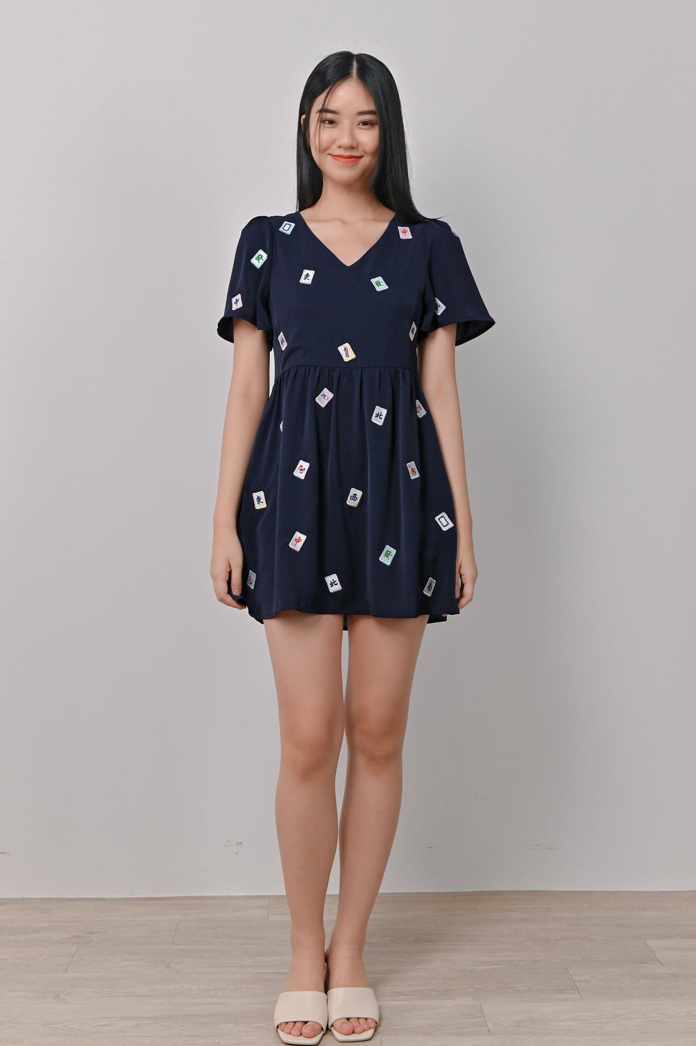 MAHJONG EMB. V-NECK DRESS-ROMPER IN NAVY