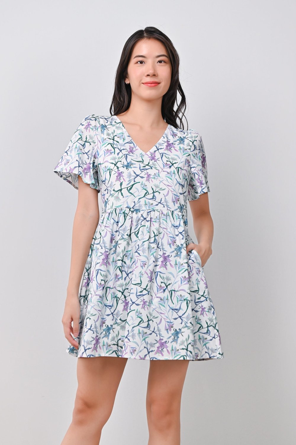 WATERCOLOUR LILIES V-NECK DRESS-ROMPER