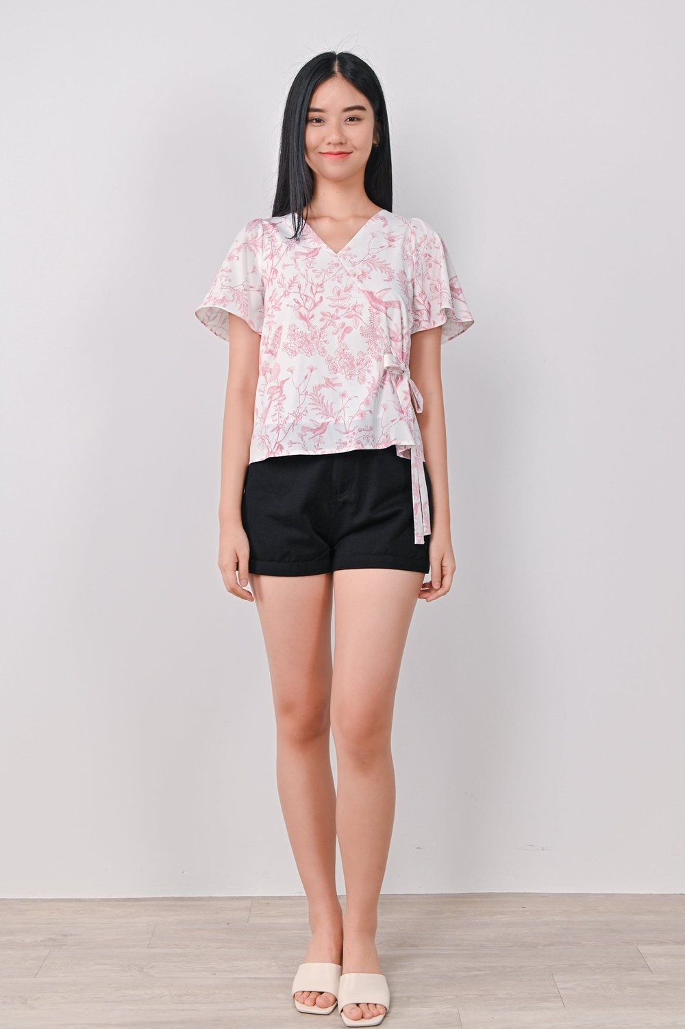 PINK HUMMINGBIRD FAUX-WRAP TOP