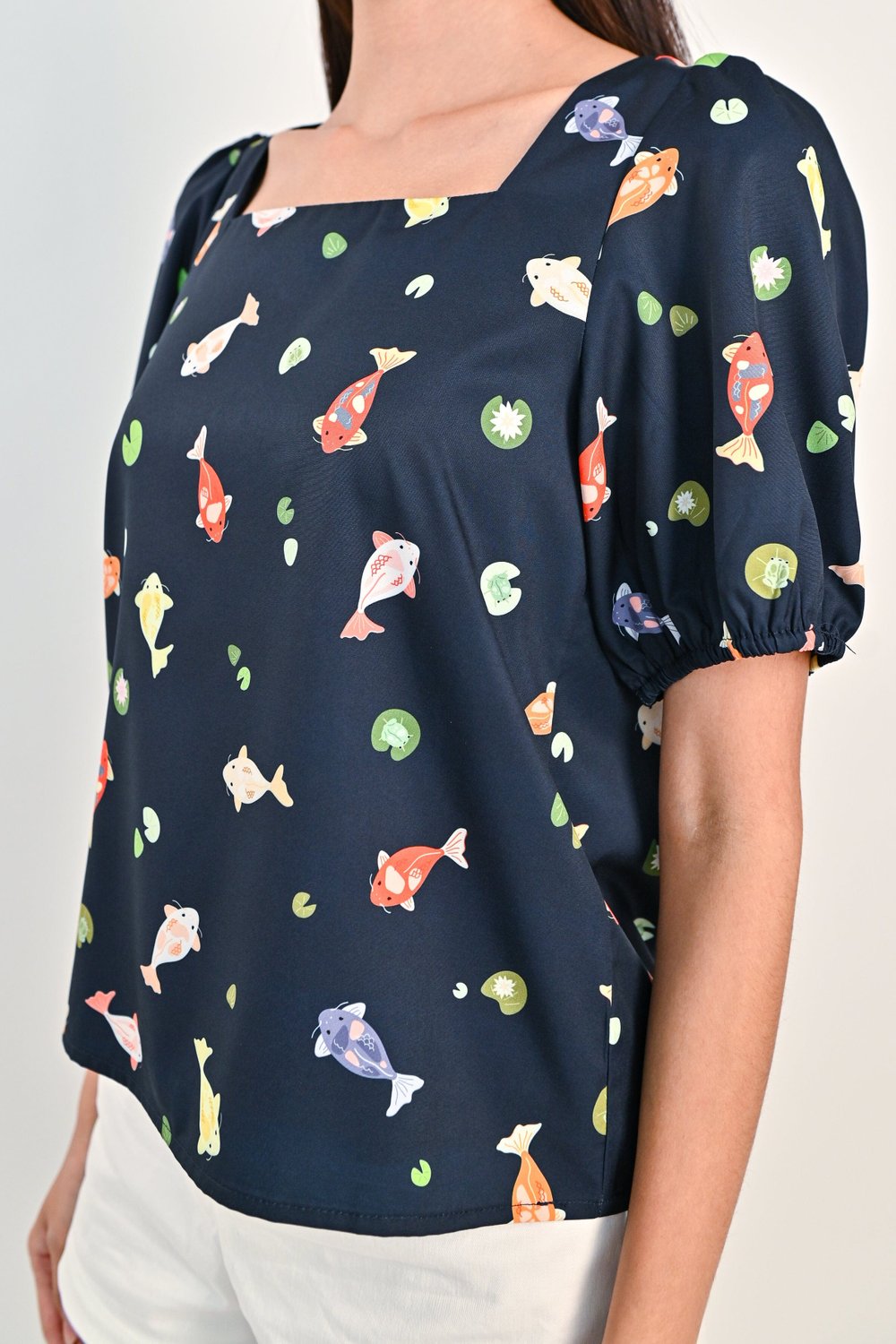 LUCKY KOI SQUARE-NECK TOP IN NAVY