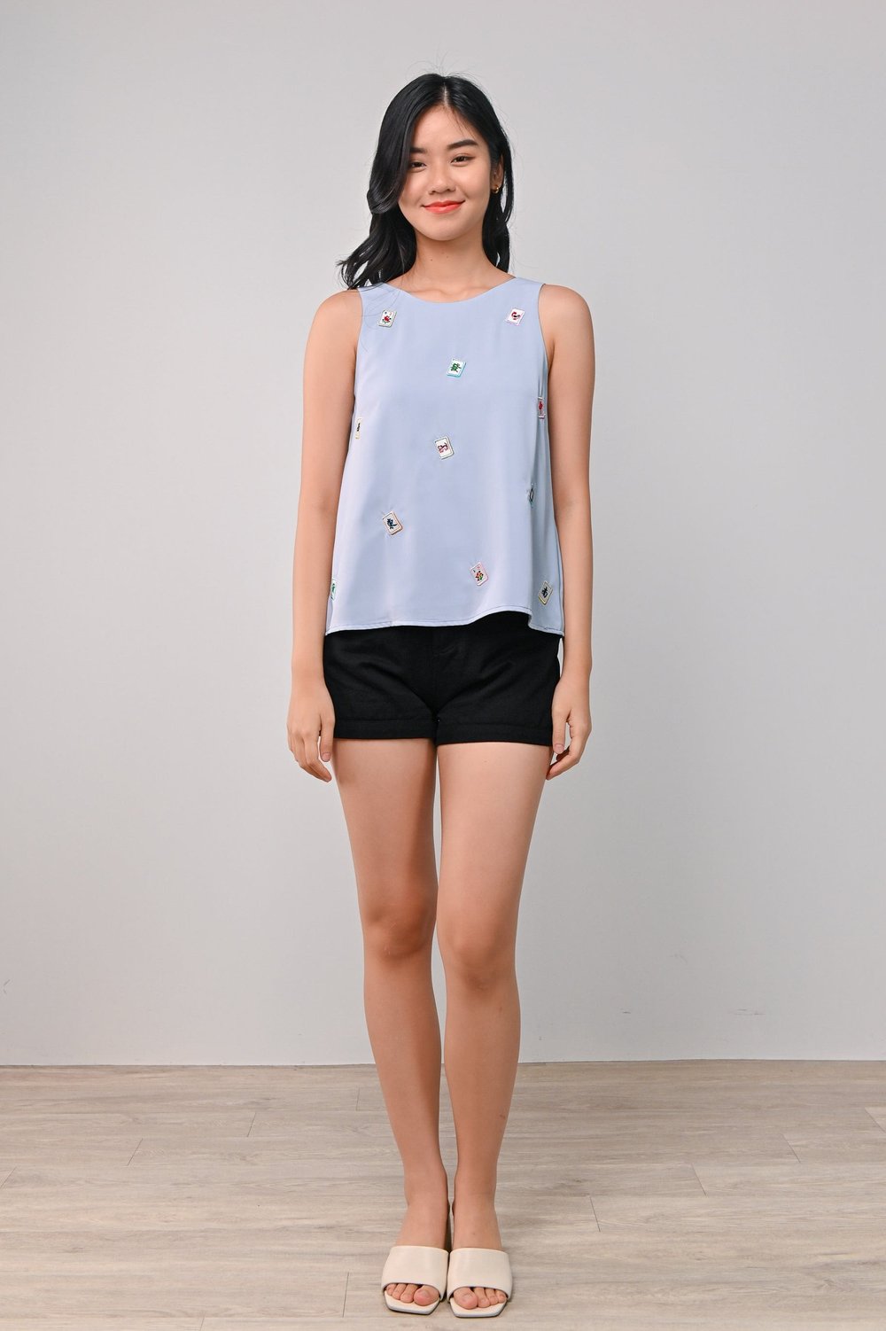 MAHJONG EMBROIDERY TWO-WAY TOP IN BLUE