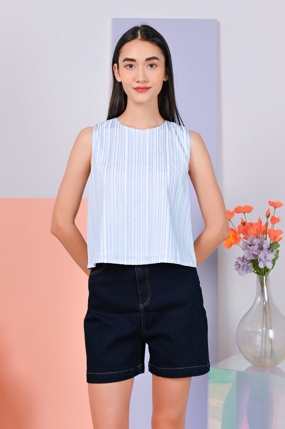 PREITA STRIPE BUTTON TOP IN BLUE