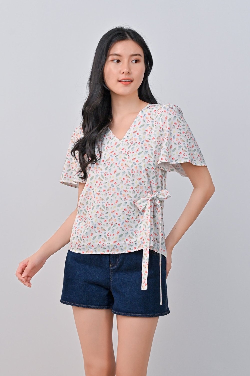 FRIENDS OF THE FOREST FAUX-WRAP SLEEVED TOP